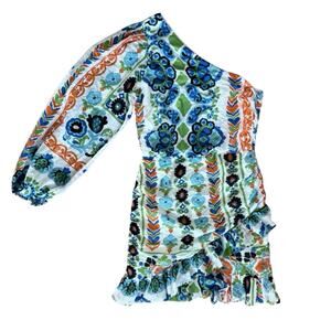 Mango Printed Long Sleeve Dress Cotton One Shoulder Ruched Mini Dress Size Small